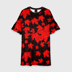 Детское платье 3D с принтом осенние листья в Новосибирске, 100% полиэстер | прямой силуэт, чуть расширенный к низу. Круглая горловина, на рукавах — воланы | Тематика изображения на принте: клён | кленовые | красный | красный на черном | листва | листопад | листья | листья падают | осенние | осень | черный