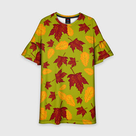 Детское платье 3D с принтом осенние листья клён и дуб в Новосибирске, 100% полиэстер | прямой силуэт, чуть расширенный к низу. Круглая горловина, на рукавах — воланы | Тематика изображения на принте: дуб | клён | кленовые | красный | красный на черном | листва | листопад | листья | листья падают | осенние | осень | черный
