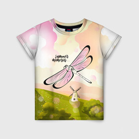 Детская футболка 3D с принтом Стрекоза. Воспоминания о лете в Новосибирске, 100% гипоаллергенный полиэфир | прямой крой, круглый вырез горловины, длина до линии бедер, чуть спущенное плечо, ткань немного тянется | лето | насекомое | небо | облака | пейзаж | поле | стрекоза
