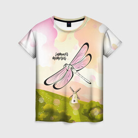 Женская футболка 3D с принтом Стрекоза. Воспоминания о лете в Новосибирске, 100% полиэфир ( синтетическое хлопкоподобное полотно) | прямой крой, круглый вырез горловины, длина до линии бедер | лето | насекомое | небо | облака | пейзаж | поле | стрекоза