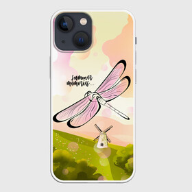 Чехол для iPhone 13 mini с принтом Стрекоза. Воспоминания о лете в Новосибирске,  |  | лето | насекомое | небо | облака | пейзаж | поле | стрекоза