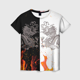Женская футболка 3D с принтом Драконы Черный и Белый | Огонь в Новосибирске, 100% полиэфир ( синтетическое хлопкоподобное полотно) | прямой крой, круглый вырез горловины, длина до линии бедер | beast | dragon | fire | дракон | животные | зверь | змей | когти | огонь | пламя | узор | чб | японский