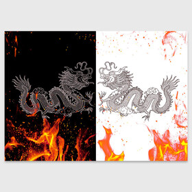 Поздравительная открытка с принтом Драконы Черный и Белый | Огонь в Новосибирске, 100% бумага | плотность бумаги 280 г/м2, матовая, на обратной стороне линовка и место для марки
 | Тематика изображения на принте: beast | dragon | fire | дракон | животные | зверь | змей | когти | огонь | пламя | узор | чб | японский