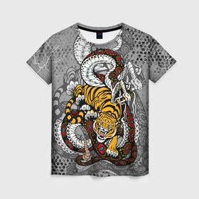Женская футболка 3D с принтом Змея и Тигр|Tiger Snake Fight  в Новосибирске, 100% полиэфир ( синтетическое хлопкоподобное полотно) | прямой крой, круглый вырез горловины, длина до линии бедер | beast | борьба | животные | зверь | змея | когти | кошки | огонь | тигр | узор | чб | японский