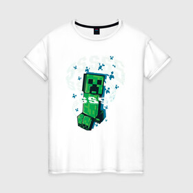 Женская футболка хлопок с принтом Крипер | Creeper | Minecraft в Новосибирске, 100% хлопок | прямой крой, круглый вырез горловины, длина до линии бедер, слегка спущенное плечо | creeper | minecraft | sss | выживай | зеленый | исследуй | крип | крипер | майнкрафт | меч | создавай