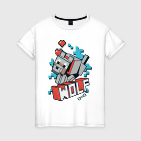 Женская футболка хлопок с принтом Майнкрафт Волк, Minecraft Wolf в Новосибирске, 100% хлопок | прямой крой, круглый вырез горловины, длина до линии бедер, слегка спущенное плечо | 2d | hp | minecraft | wolf | волк | выживай | исследуй | кость | майнкрафт | пиксели | сердечки | сердце | создавай | хп