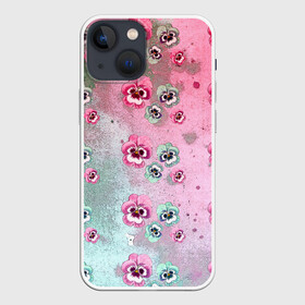 Чехол для iPhone 13 mini с принтом Акварельный камуфляж с цветами в Новосибирске,  |  | Тематика изображения на принте: акварель | акварельный | анютины глазки | градиент | женственный | камуфляж | разводы | разноцветный | фиалки | цветочки | цветочный | цветы