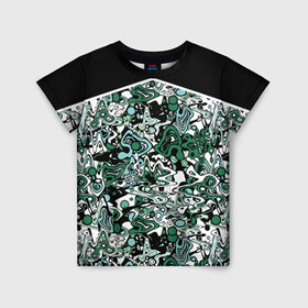 Детская футболка 3D с принтом Черно-зеленые каракули в Новосибирске, 100% гипоаллергенный полиэфир | прямой крой, круглый вырез горловины, длина до линии бедер, чуть спущенное плечо, ткань немного тянется | Тематика изображения на принте: абстрактный | каракули | креативный | мазня | разводы | черный и зеленый