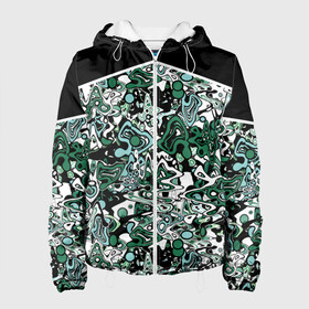 Женская куртка 3D с принтом Черно-зеленые каракули в Новосибирске, ткань верха — 100% полиэстер, подклад — флис | прямой крой, подол и капюшон оформлены резинкой с фиксаторами, два кармана без застежек по бокам, один большой потайной карман на груди. Карман на груди застегивается на липучку | абстрактный | каракули | креативный | мазня | разводы | черный и зеленый