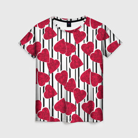 Женская футболка 3D с принтом Полосатый узор сердце  в Новосибирске, 100% полиэфир ( синтетическое хлопкоподобное полотно) | прямой крой, круглый вырез горловины, длина до линии бедер | Тематика изображения на принте: детский | красный | красный и черный | любовь | мраморное сердце | полосатый узор | полосы | сердце | черные полосы