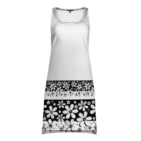 Платье-майка 3D с принтом Черно-белый цветочный принт  в Новосибирске, 100% полиэстер | полуприлегающий силуэт, широкие бретели, круглый вырез горловины, удлиненный подол сзади. | белый | детский | для девушек | кайма | летний | ромашки | цветочный | цветы | черно белый | черный