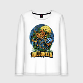 Женский лонгслив хлопок с принтом Halloween в Новосибирске, 100% хлопок |  | bat | halloween | holiday | knife | moon | night | pumpkin | skull | smile | летучая мышь | нож | ночь | праздник | тыква | улыбка | хэллоуин | череп