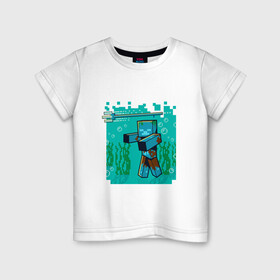 Детская футболка хлопок с принтом Утопленник (Drowne) Майнкрафт в Новосибирске, 100% хлопок | круглый вырез горловины, полуприлегающий силуэт, длина до линии бедер | Тематика изображения на принте: maincraft | mob | pixel | unit | водоросли | зомби | маинкрафт | майнкрафт | моб | персонаж | пиксели | подводный | трезубец | тризубец | утопленник