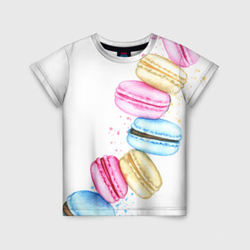 Детская футболка 3D с принтом Macarons. Нежный десерт в Новосибирске, 100% гипоаллергенный полиэфир | прямой крой, круглый вырез горловины, длина до линии бедер, чуть спущенное плечо, ткань немного тянется | акварель | акварельные | десерт | десерты | макаронс | макаруны | пирожное | пирожные | разноцветные | сладости