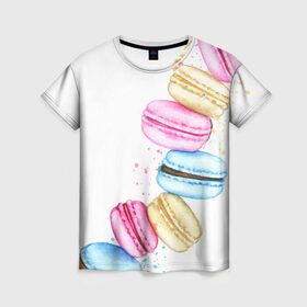 Женская футболка 3D с принтом Macarons. Нежный десерт в Новосибирске, 100% полиэфир ( синтетическое хлопкоподобное полотно) | прямой крой, круглый вырез горловины, длина до линии бедер | акварель | акварельные | десерт | десерты | макаронс | макаруны | пирожное | пирожные | разноцветные | сладости