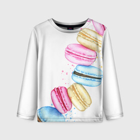 Детский лонгслив 3D с принтом Macarons. Нежный десерт в Новосибирске, 100% полиэстер | длинные рукава, круглый вырез горловины, полуприлегающий силуэт
 | акварель | акварельные | десерт | десерты | макаронс | макаруны | пирожное | пирожные | разноцветные | сладости