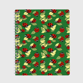Тетрадь с принтом Божьи коровки на зеленом фоне в Новосибирске, 100% бумага | 48 листов, плотность листов — 60 г/м2, плотность картонной обложки — 250 г/м2. Листы скреплены сбоку удобной пружинной спиралью. Уголки страниц и обложки скругленные. Цвет линий — светло-серый
 | autumn | beetles | childrens | green | hide and seek | insects | ladybugs | leaves | play | print | red | summer | watch | yellow | божьи коровки | детский | желтые | жуки | зеленые | играют | красные | лето | листья | насекомые | осень | принт | прятки |