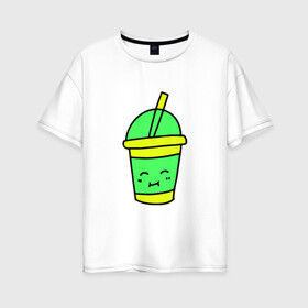 Женская футболка хлопок Oversize с принтом Кофейно молочный Коктейль в Новосибирске, 100% хлопок | свободный крой, круглый ворот, спущенный рукав, длина до линии бедер
 | коктейль | минимализм. | молодежный | настроение | позитив | рисунок | смайлик