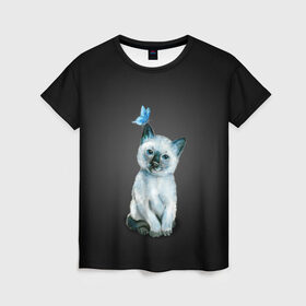 Женская футболка 3D с принтом Тайский котенок с бабочкой в Новосибирске, 100% полиэфир ( синтетическое хлопкоподобное полотно) | прямой крой, круглый вырез горловины, длина до линии бедер | акварель | бабочка | кот | котенок | котик | кошечка | кошка | смешной | тайский | темный