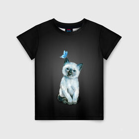 Детская футболка 3D с принтом Тайский котенок с бабочкой в Новосибирске, 100% гипоаллергенный полиэфир | прямой крой, круглый вырез горловины, длина до линии бедер, чуть спущенное плечо, ткань немного тянется | Тематика изображения на принте: акварель | бабочка | кот | котенок | котик | кошечка | кошка | смешной | тайский | темный