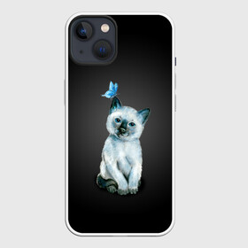 Чехол для iPhone 13 с принтом Тайский котенок с бабочкой в Новосибирске,  |  | акварель | бабочка | кот | котенок | котик | кошечка | кошка | смешной | тайский | темный