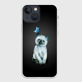 Чехол для iPhone 13 mini с принтом Тайский котенок с бабочкой в Новосибирске,  |  | акварель | бабочка | кот | котенок | котик | кошечка | кошка | смешной | тайский | темный