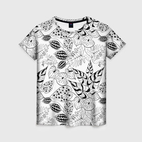 Женская футболка 3D с принтом Черно-белый узор Тропики в Новосибирске, 100% полиэфир ( синтетическое хлопкоподобное полотно) | прямой крой, круглый вырез горловины, длина до линии бедер | абстрактный | листья | модный | популярный | рисунок | скетч | тропический узор | цветы | черный и белый | экзотические растения