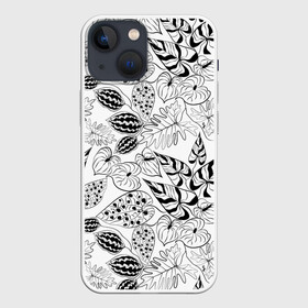 Чехол для iPhone 13 mini с принтом Черно белый узор Тропики в Новосибирске,  |  | абстрактный | листья | модный | популярный | рисунок | скетч | тропический узор | цветы | черный и белый | экзотические растения