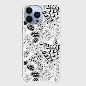 Чехол для iPhone 13 Pro Max с принтом Черно белый узор Тропики в Новосибирске,  |  | абстрактный | листья | модный | популярный | рисунок | скетч | тропический узор | цветы | черный и белый | экзотические растения