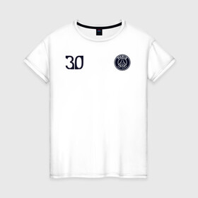 Женская футболка хлопок с принтом PSG | Messi 30 (New 2022/23) в Новосибирске, 100% хлопок | прямой крой, круглый вырез горловины, длина до линии бедер, слегка спущенное плечо | 0x000000123 | 30 | messi | neymar | paris saint germain | psg | месси | нейимар | псж