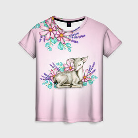 Женская футболка 3D с принтом Олененок в цветах в Новосибирске, 100% полиэфир ( синтетическое хлопкоподобное полотно) | прямой крой, круглый вырез горловины, длина до линии бедер | акварель | акварельный | градиент | космея | лаванда | олененок | олени | олень | цветочный | цветы