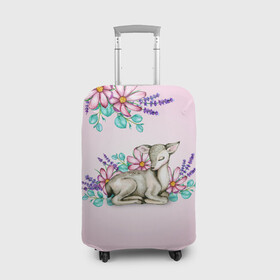 Чехол для чемодана 3D с принтом Олененок в цветах в Новосибирске, 86% полиэфир, 14% спандекс | двустороннее нанесение принта, прорези для ручек и колес | акварель | акварельный | градиент | космея | лаванда | олененок | олени | олень | цветочный | цветы