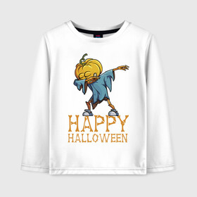 Детский лонгслив хлопок с принтом Happy Halloween в Новосибирске, 100% хлопок | круглый вырез горловины, полуприлегающий силуэт, длина до линии бедер | dab | eyes | gesture | halloween | holiday | hype | pumpkin | rag | глаза | жест | праздник | рваньё | тыква | хайп | хэллоуин