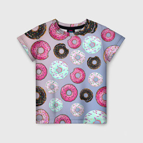 Детская футболка 3D с принтом Пончики в Новосибирске, 100% гипоаллергенный полиэфир | прямой крой, круглый вырез горловины, длина до линии бедер, чуть спущенное плечо, ткань немного тянется | еда | пончик с глазурью | пончики | розовая глазурь | шоколадный пончик