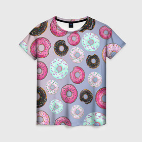 Женская футболка 3D с принтом Пончики в Новосибирске, 100% полиэфир ( синтетическое хлопкоподобное полотно) | прямой крой, круглый вырез горловины, длина до линии бедер | еда | пончик с глазурью | пончики | розовая глазурь | шоколадный пончик