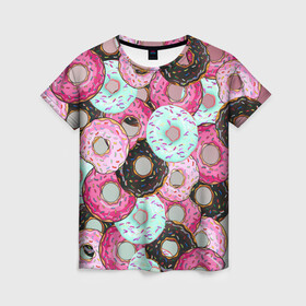 Женская футболка 3D с принтом Пончик в Новосибирске, 100% полиэфир ( синтетическое хлопкоподобное полотно) | прямой крой, круглый вырез горловины, длина до линии бедер | пончик | пончики | пончики с глазурью | разноцветная глазурь | яркая посыпка