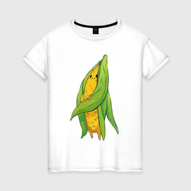 Женская футболка хлопок с принтом Милая кукурузка в Новосибирске, 100% хлопок | прямой крой, круглый вырез горловины, длина до линии бедер, слегка спущенное плечо | арт | длинные волосы | кукуруза | мило | милота | овощ | овощи | рисунок | свежие овощи | свежий овощ | свежий продукт