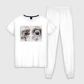 Женская пижама хлопок с принтом Собаки - космонавты в Новосибирске, 100% хлопок | брюки и футболка прямого кроя, без карманов, на брюках мягкая резинка на поясе и по низу штанин | в тренде. | космос | собаки | собаки на белом фоне | ссср