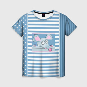 Женская футболка 3D с принтом Веселая Мышь в Новосибирске, 100% полиэфир ( синтетическое хлопкоподобное полотно) | прямой крой, круглый вырез горловины, длина до линии бедер | в горошек | веселый | детский | забавный | комбинированный | крыса | лоскуты | мышь | полосатый узор | полосы | синий