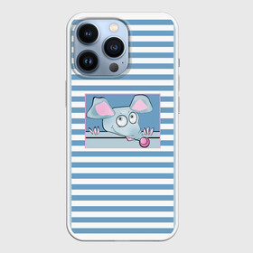Чехол для iPhone 13 Pro с принтом Веселая Мышь в Новосибирске,  |  | Тематика изображения на принте: в горошек | веселый | детский | забавный | комбинированный | крыса | лоскуты | мышь | полосатый узор | полосы | синий