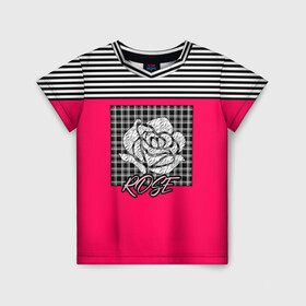 Детская футболка 3D с принтом Аппликация роза на клетчатом в Новосибирске, 100% гипоаллергенный полиэфир | прямой крой, круглый вырез горловины, длина до линии бедер, чуть спущенное плечо, ткань немного тянется | аппликация | детский | комбинированный | полосатый | пэчворк | роза | розовый | цветочный узор | черный и малиновый | яркий малиновый
