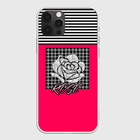 Чехол для iPhone 12 Pro с принтом Аппликация роза на клетчатом в Новосибирске, силикон | область печати: задняя сторона чехла, без боковых панелей | аппликация | детский | комбинированный | полосатый | пэчворк | роза | розовый | цветочный узор | черный и малиновый | яркий малиновый