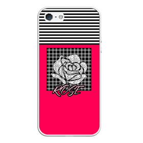 Чехол для iPhone 5/5S матовый с принтом Аппликация роза на клетчатом в Новосибирске, Силикон | Область печати: задняя сторона чехла, без боковых панелей | аппликация | детский | комбинированный | полосатый | пэчворк | роза | розовый | цветочный узор | черный и малиновый | яркий малиновый
