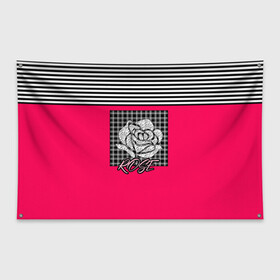 Флаг-баннер с принтом Аппликация роза на клетчатом в Новосибирске, 100% полиэстер | размер 67 х 109 см, плотность ткани — 95 г/м2; по краям флага есть четыре люверса для крепления | аппликация | детский | комбинированный | полосатый | пэчворк | роза | розовый | цветочный узор | черный и малиновый | яркий малиновый