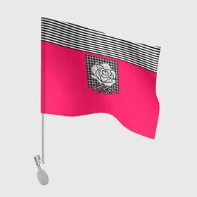 Флаг для автомобиля с принтом Аппликация роза на клетчатом в Новосибирске, 100% полиэстер | Размер: 30*21 см | аппликация | детский | комбинированный | полосатый | пэчворк | роза | розовый | цветочный узор | черный и малиновый | яркий малиновый