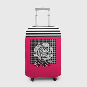 Чехол для чемодана 3D с принтом Аппликация роза на клетчатом в Новосибирске, 86% полиэфир, 14% спандекс | двустороннее нанесение принта, прорези для ручек и колес | аппликация | детский | комбинированный | полосатый | пэчворк | роза | розовый | цветочный узор | черный и малиновый | яркий малиновый