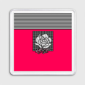 Магнит 55*55 с принтом Аппликация роза на клетчатом в Новосибирске, Пластик | Размер: 65*65 мм; Размер печати: 55*55 мм | аппликация | детский | комбинированный | полосатый | пэчворк | роза | розовый | цветочный узор | черный и малиновый | яркий малиновый