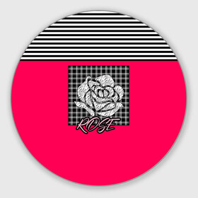 Коврик для мышки круглый с принтом Аппликация роза на клетчатом в Новосибирске, резина и полиэстер | круглая форма, изображение наносится на всю лицевую часть | аппликация | детский | комбинированный | полосатый | пэчворк | роза | розовый | цветочный узор | черный и малиновый | яркий малиновый