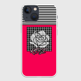 Чехол для iPhone 13 mini с принтом Аппликация роза на клетчатом в Новосибирске,  |  | Тематика изображения на принте: аппликация | детский | комбинированный | полосатый | пэчворк | роза | розовый | цветочный узор | черный и малиновый | яркий малиновый
