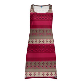 Платье-майка 3D с принтом Полосатый вышитый орнамент  в Новосибирске, 100% полиэстер | полуприлегающий силуэт, широкие бретели, круглый вырез горловины, удлиненный подол сзади. | бежевый | вишневый цвет | вышивка | коричневый и бордовый | орнамент | полосы | популярный | простой | этнический